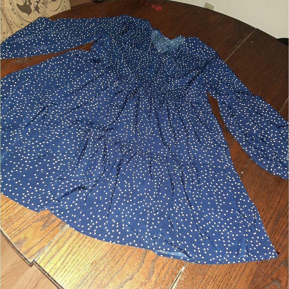 New Medium Navy Blue White Polka Dot 3/4 Sleeve Tunic Loose Fitting Mini…